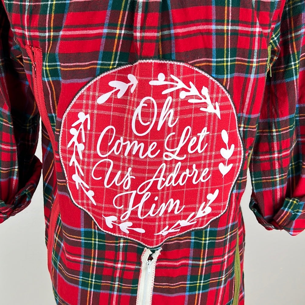 Adorned Crown Textile altered custom flannel Oh Come let us Adore Him shirt