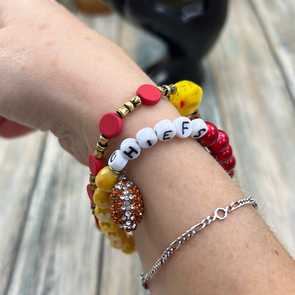 Adorned Crown Kansas City Chiefs KC football red gold stretch bracelet set E