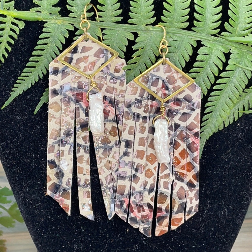 Adorned Crown brass leather animal print fringe pearl drop earrings