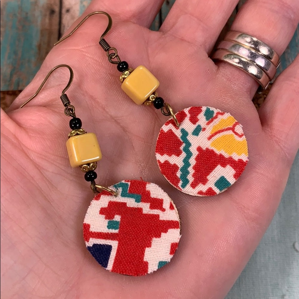 Adorned Crown vintage fabric wood disc lightweight earrings red yellow