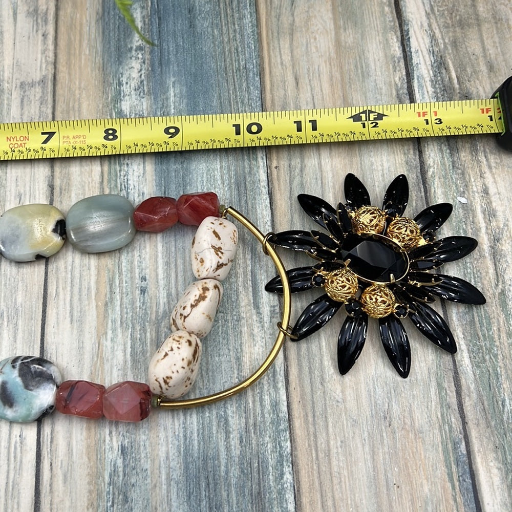 Adorned Crown Artisan Assemblage enamel black flower stone bead necklace