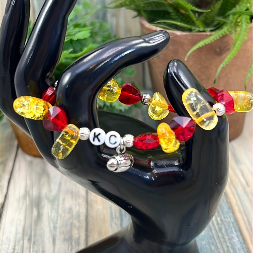 Adorned Crown Kansas City Chiefs KC football red gold stretch bracelet set F