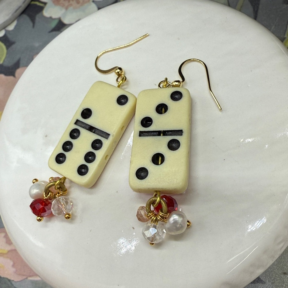 Adorned Crown Jewelry assemblage Christmas pink and red bow domino earrings