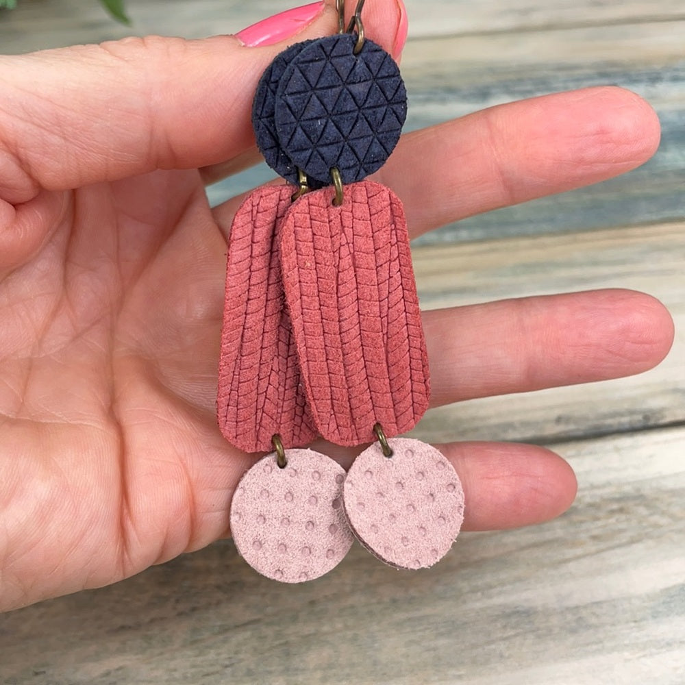 Adorned Crown geo triple leather pink blue drop earrings
