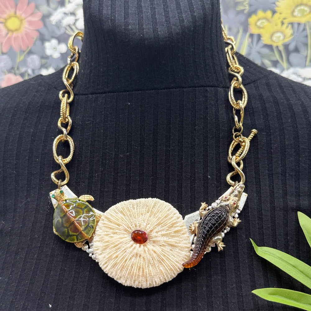 Adorned Crown Jewelry assemblage turtle alligator mushroom coral necklace