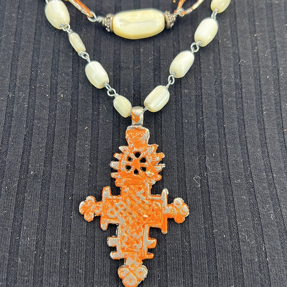 Adorned Crown necklace orange tribal cross mother of Pearl beads assemblage