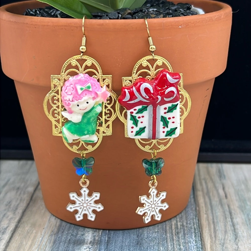 Adorned Crown Jewelry asymmetrical angel present Christmas earrings