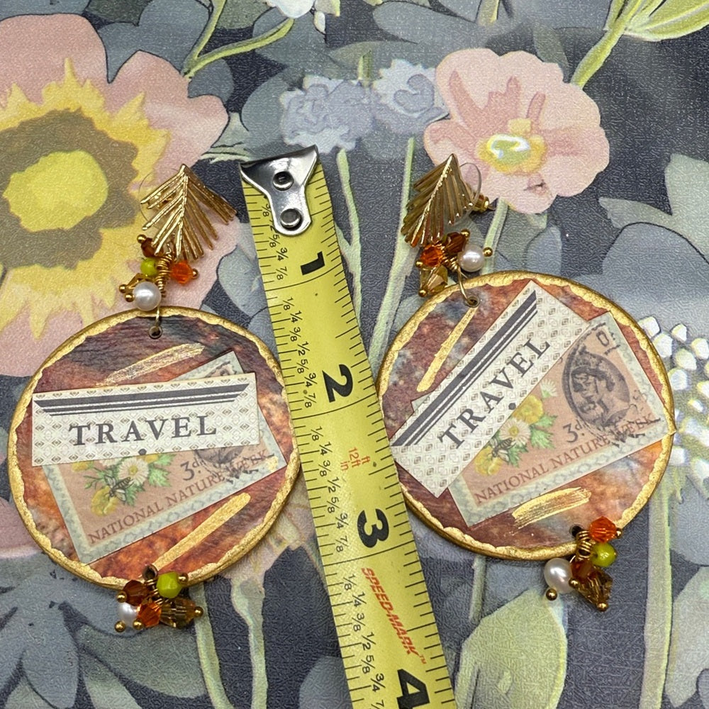 Adorned Crown Jewelry assemblage wood disc travel fall post statement earrings