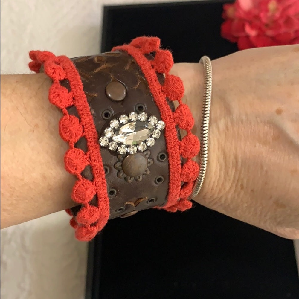 Adorned Crown artisan assemblage Vintage leather coral bling cuff bracelet