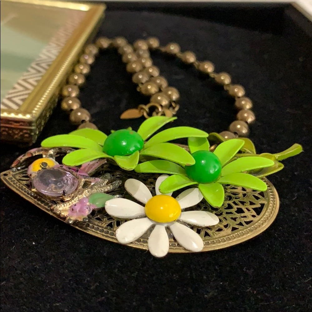 Adorned Crown artisan assemblage enamel flower bird cluster necklace