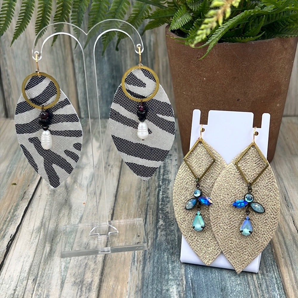 2 pair Adorned Crown Artisan Assemblage leather brass bead charm earrings