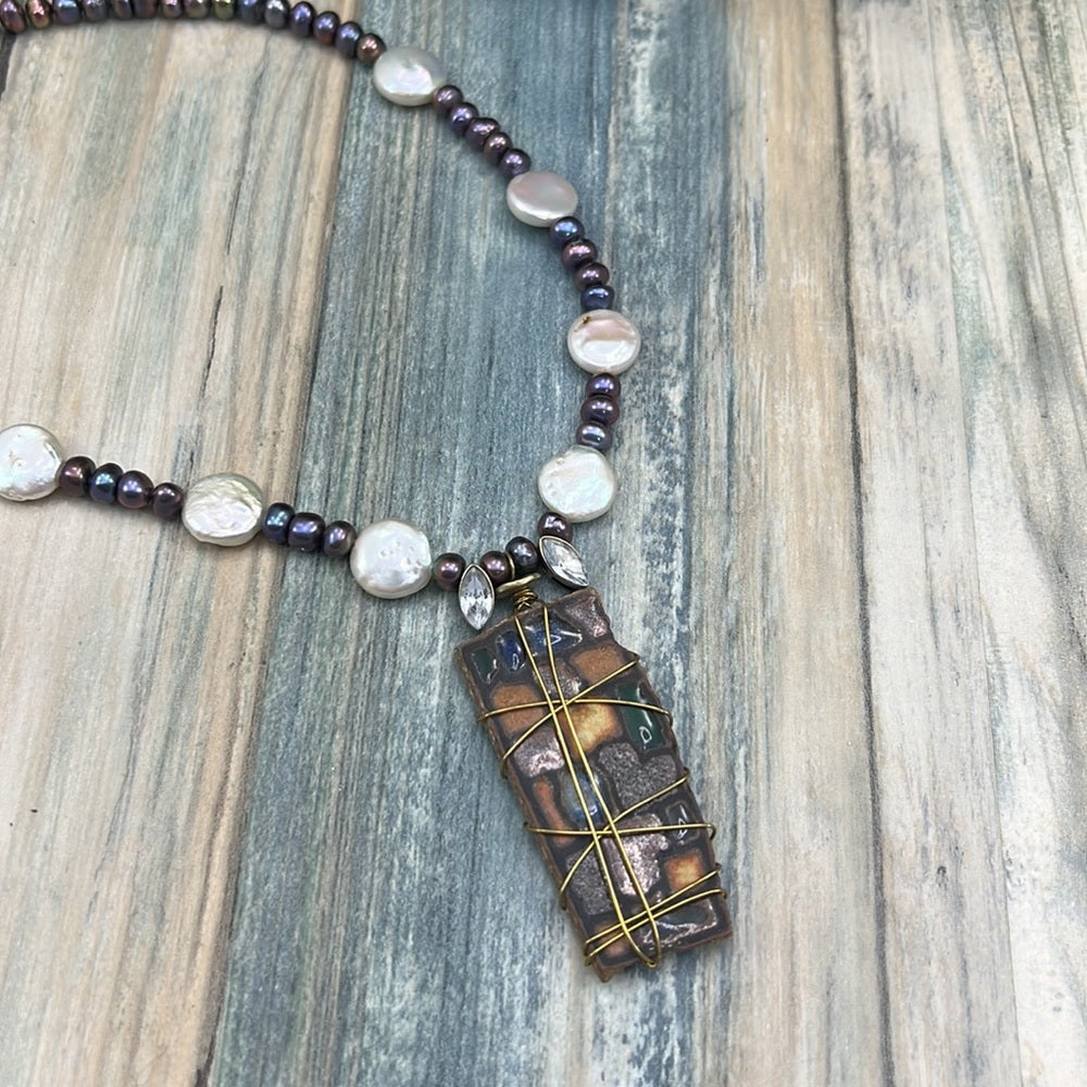 Adorned Crown Artisan Assemblage stone pendant button genuine Pearl necklace