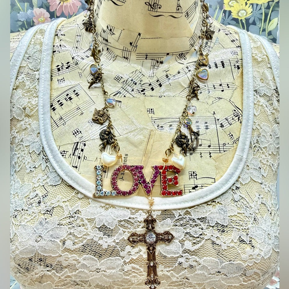 Adorned Crown Jewelry assemblage LOVE cherub charm crystal pendant necklace