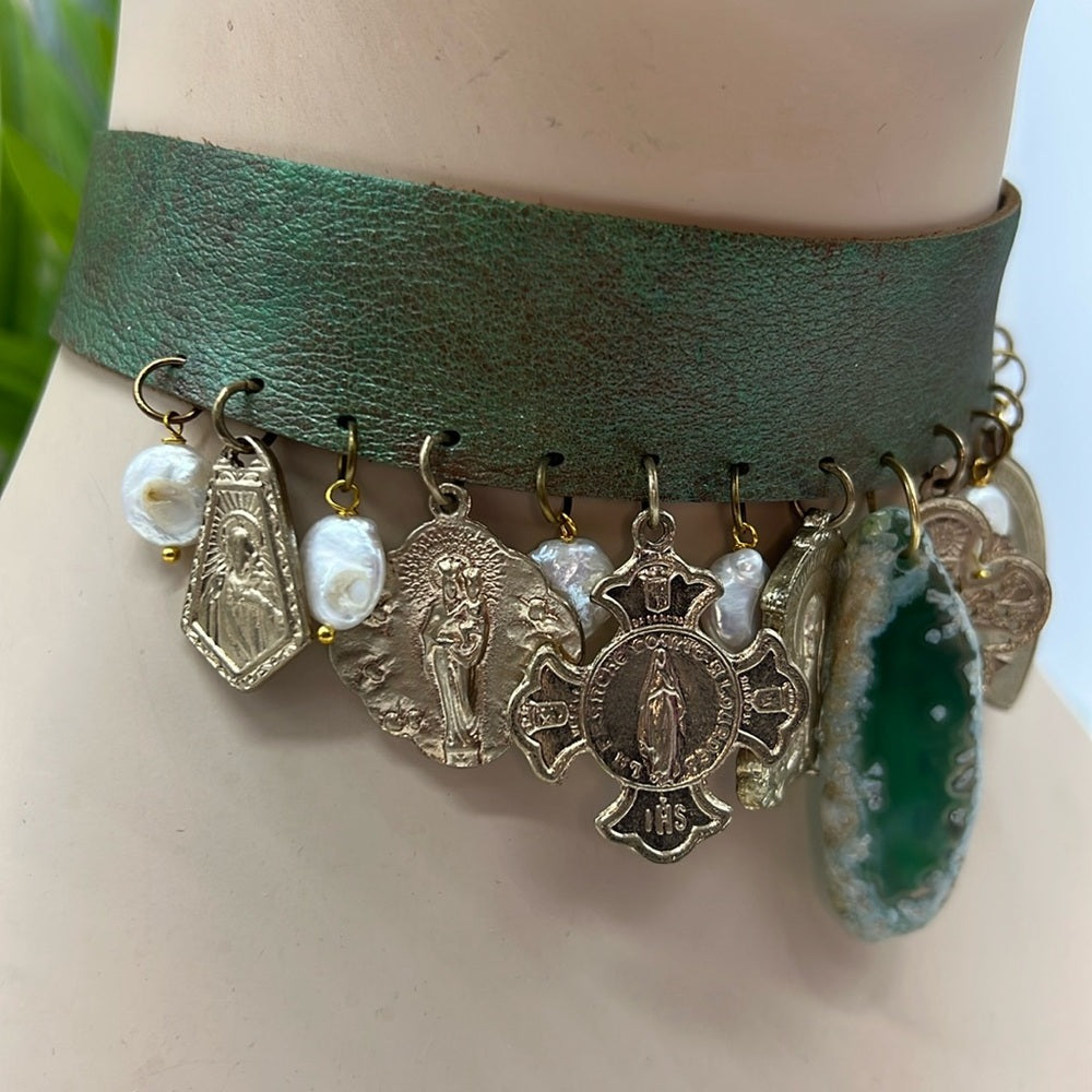 Adorned Crown Jewelry steampunk leather choker religious charm pearl necklace