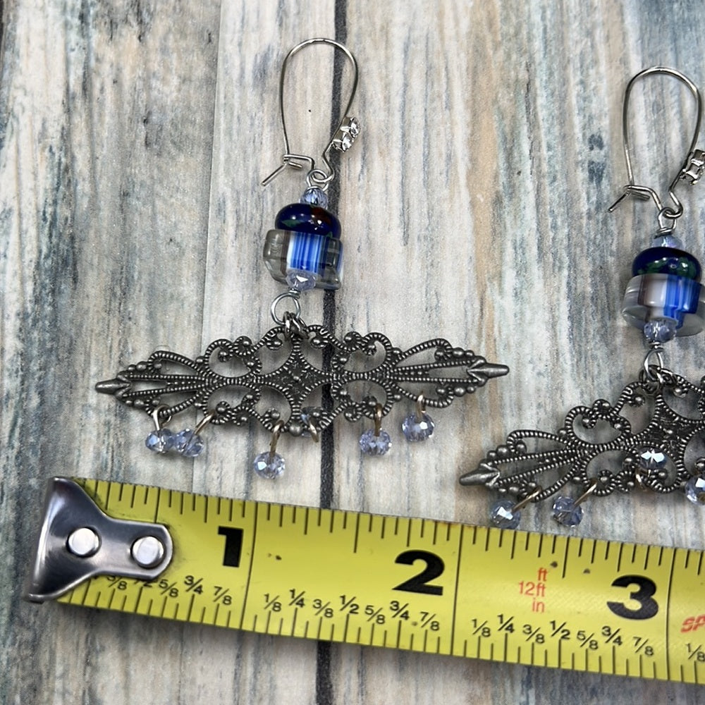 Adorned Crown Artisan Assemblage blue bead filigree chandelier earrings