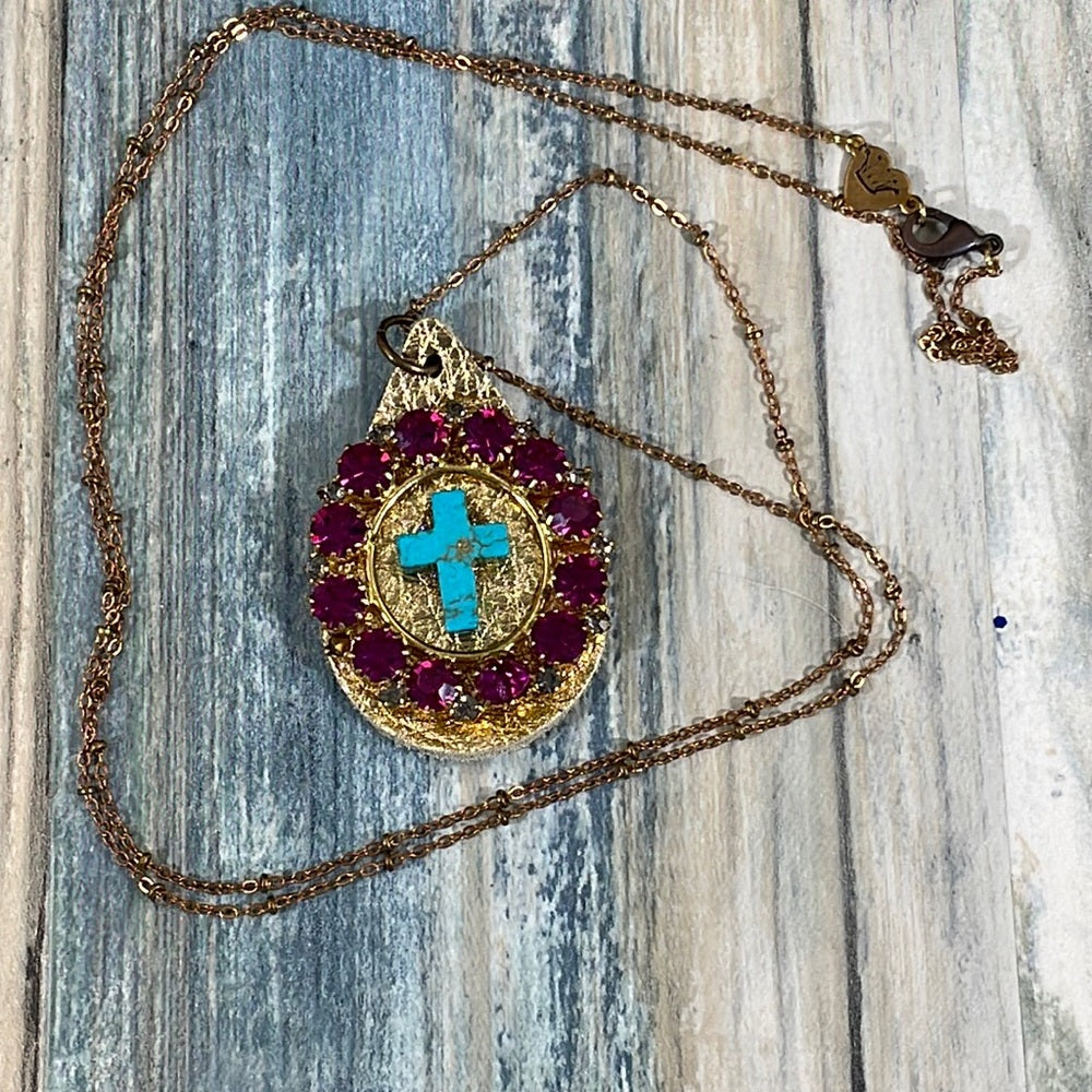 Adorned Crown Artisan assemblage leather rhinestone turquoise chain necklace
