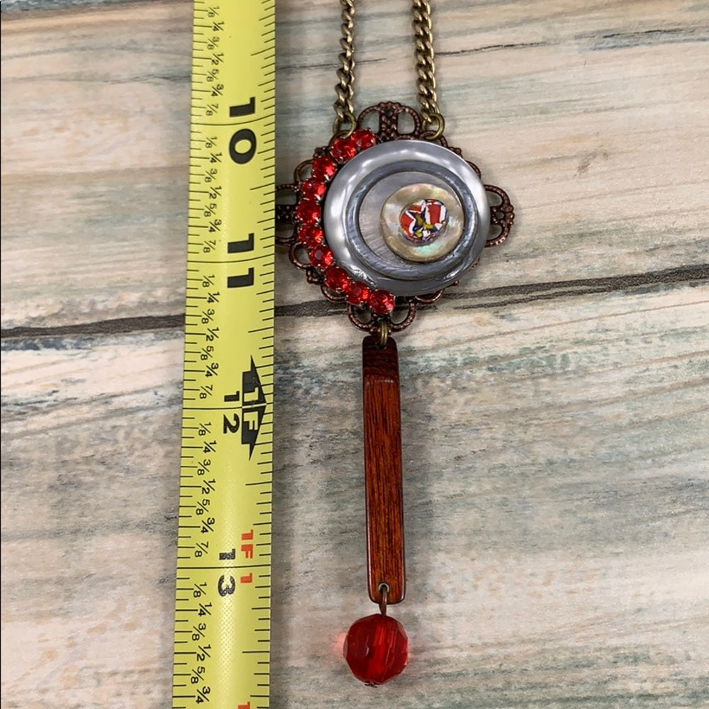 Adorned Crown artisan assemblage wood bead button rhinestone necklace