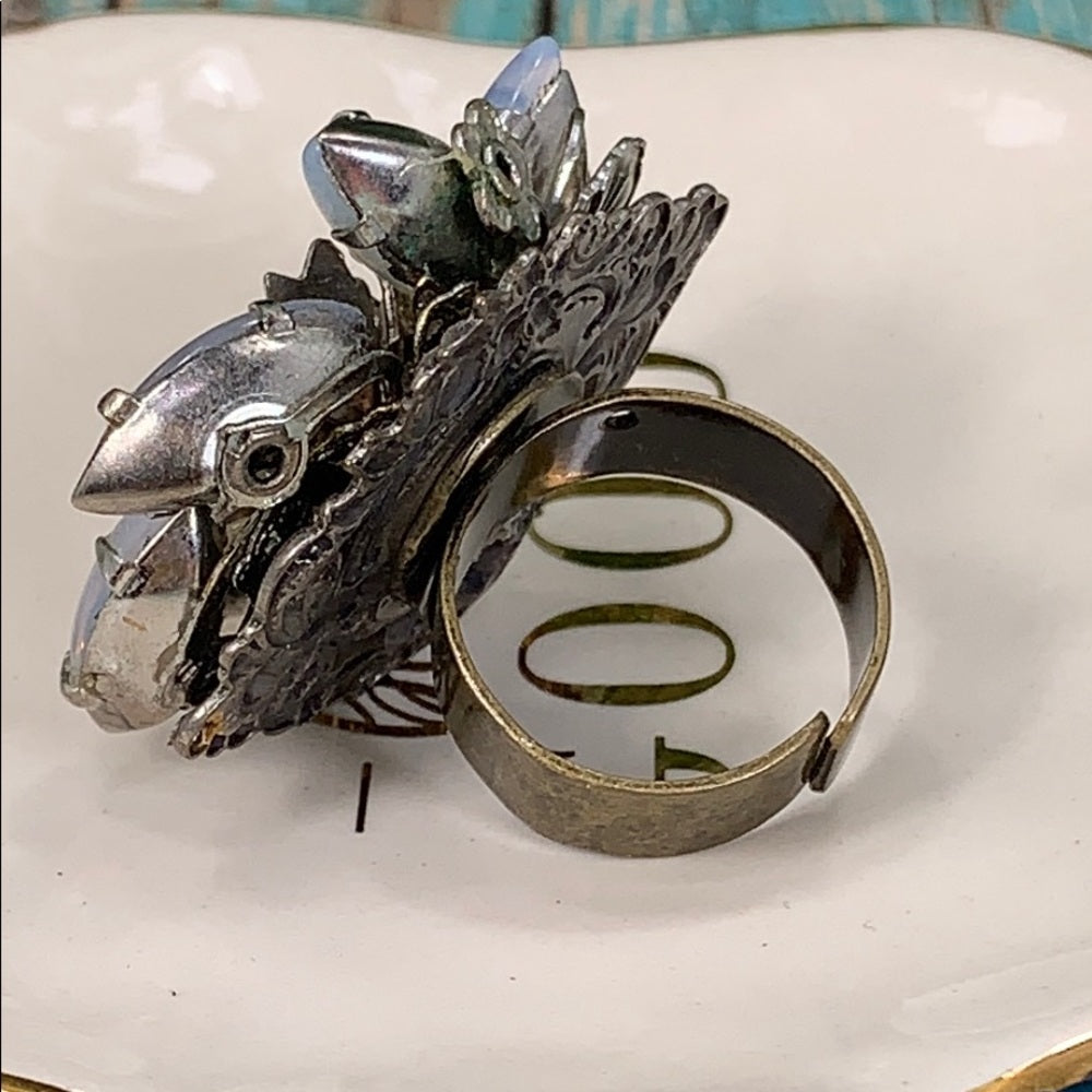 Adorned Crown artisan assemblage moonstone rhinestone cocktail ring