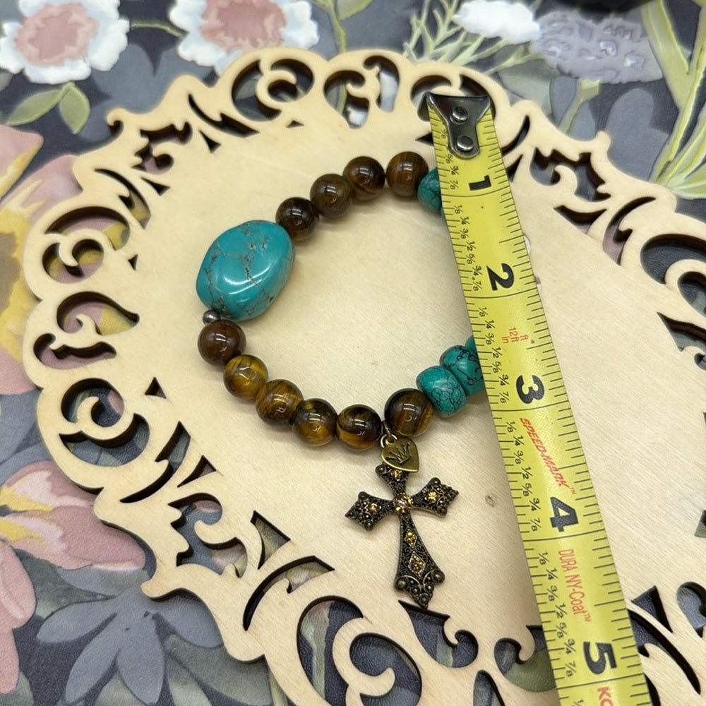 Adorned Crown Jewelry assemblage stretch beaded turquoise cross bracelet