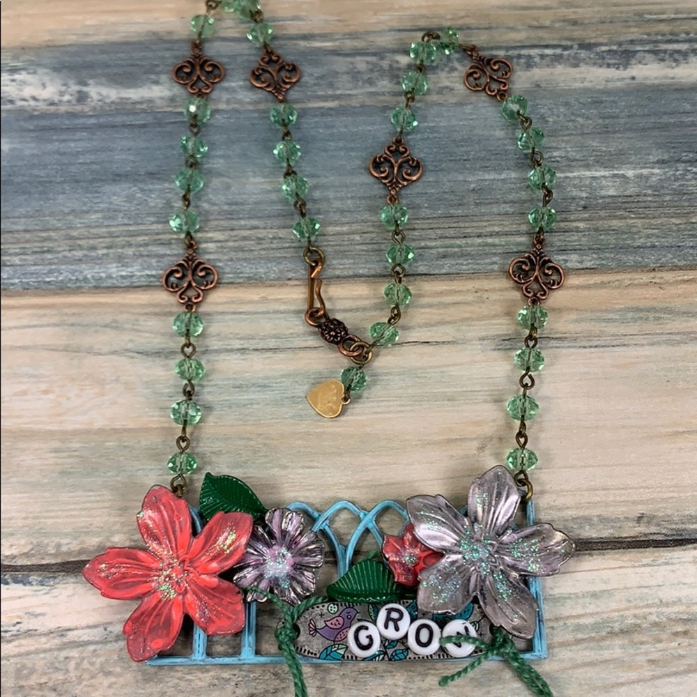 Adorned Crown artisan assemblage GROW Fence garden necklace