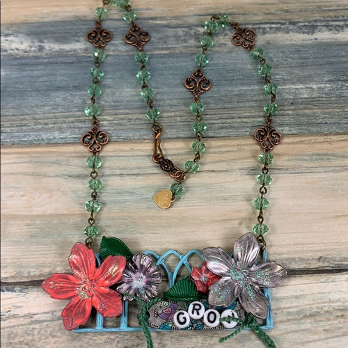 Adorned Crown artisan assemblage GROW Fence garden necklace