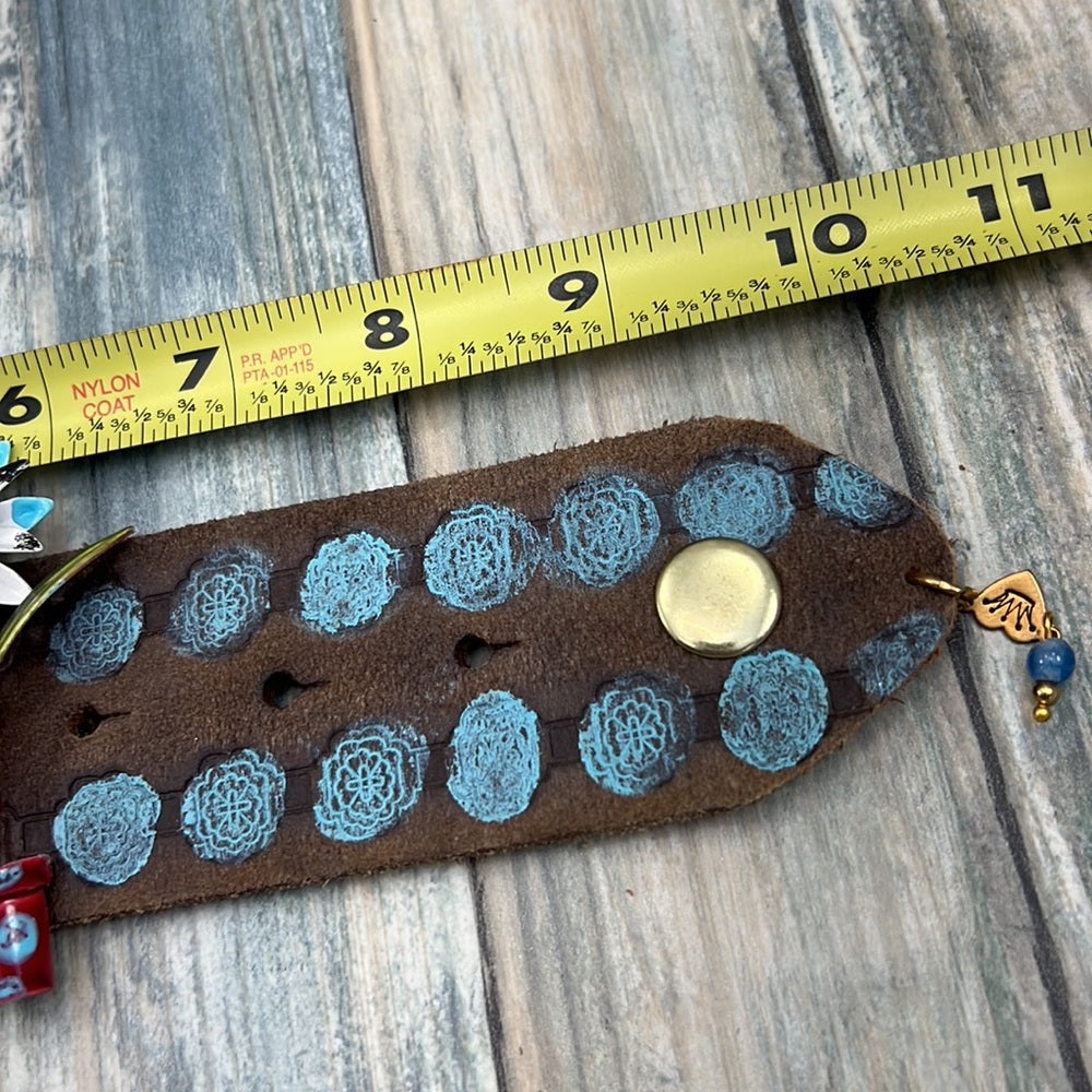 Adorned Crown enamel flower blue dot artisan assemblage leather bracelet