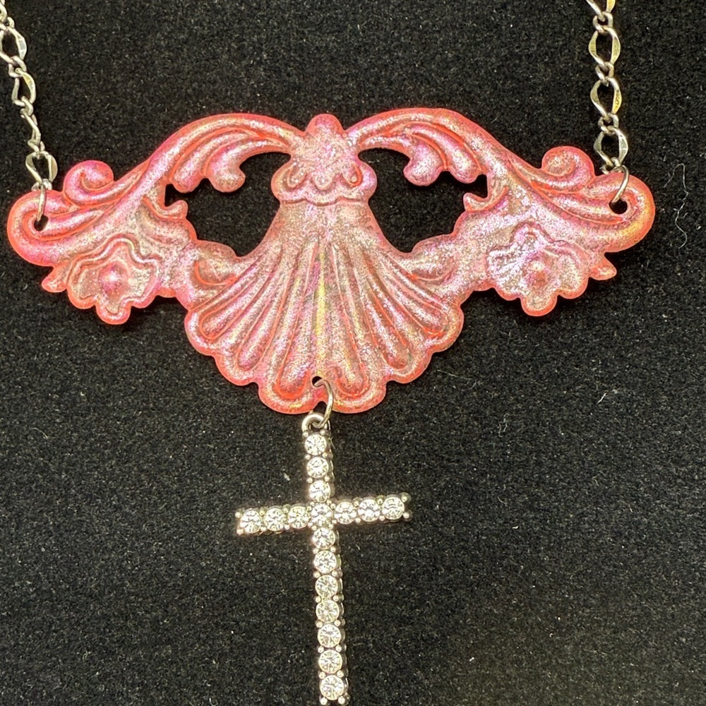 Adorned Crown Jewelry assemblage pink statement crystal cross necklace