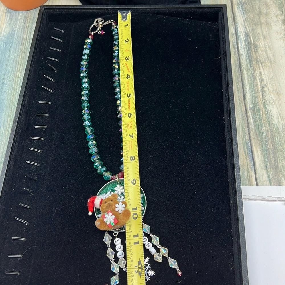 Adorned Crown Jewelry assemblage Christmas let it snow teddy bear necklace