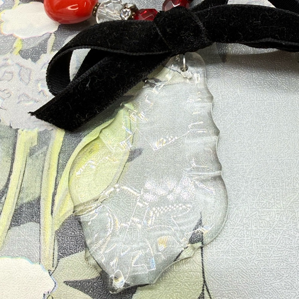 Adorned Crown Jewelry assemblage red heart bead crystal drop ribbon necklace