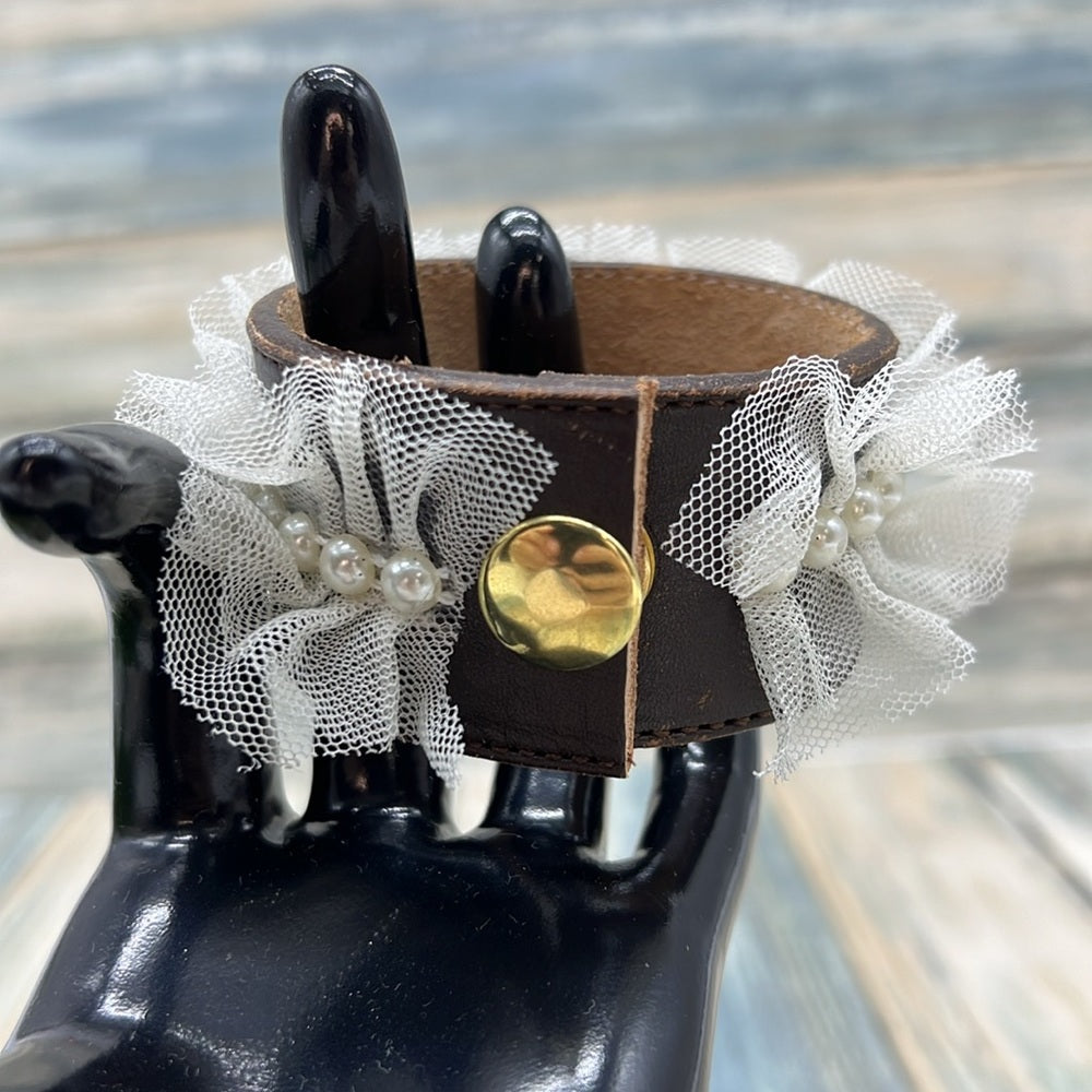 Adorned Crown Jewelry artisan assemblage lace textured metal leather cuff #1