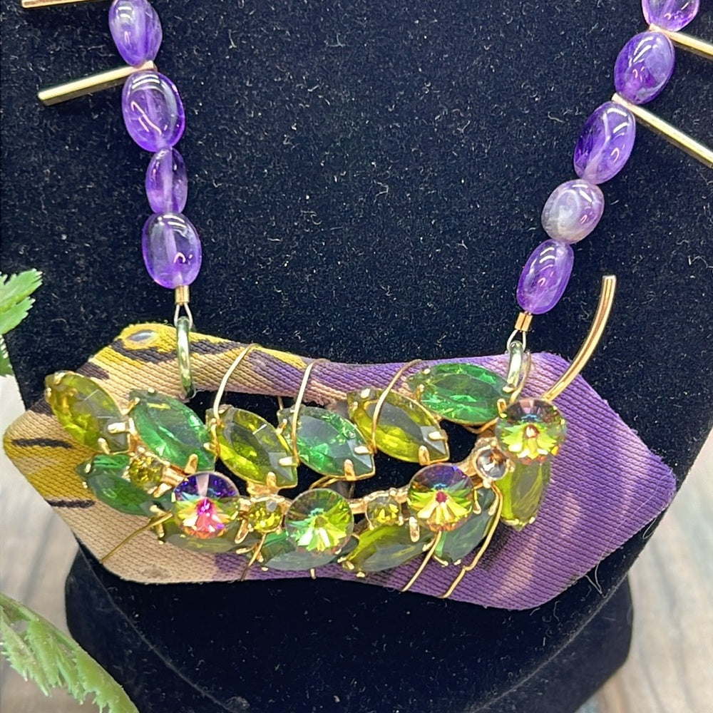 Adorned Crown Jewelry artisan assemblage amethyst rhinestone buckle necklace