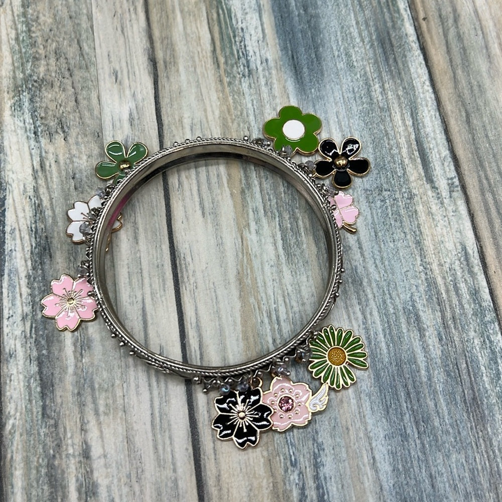 Adorned Crown Jewelry assemblage silver flower enamel charm bangle bracelet