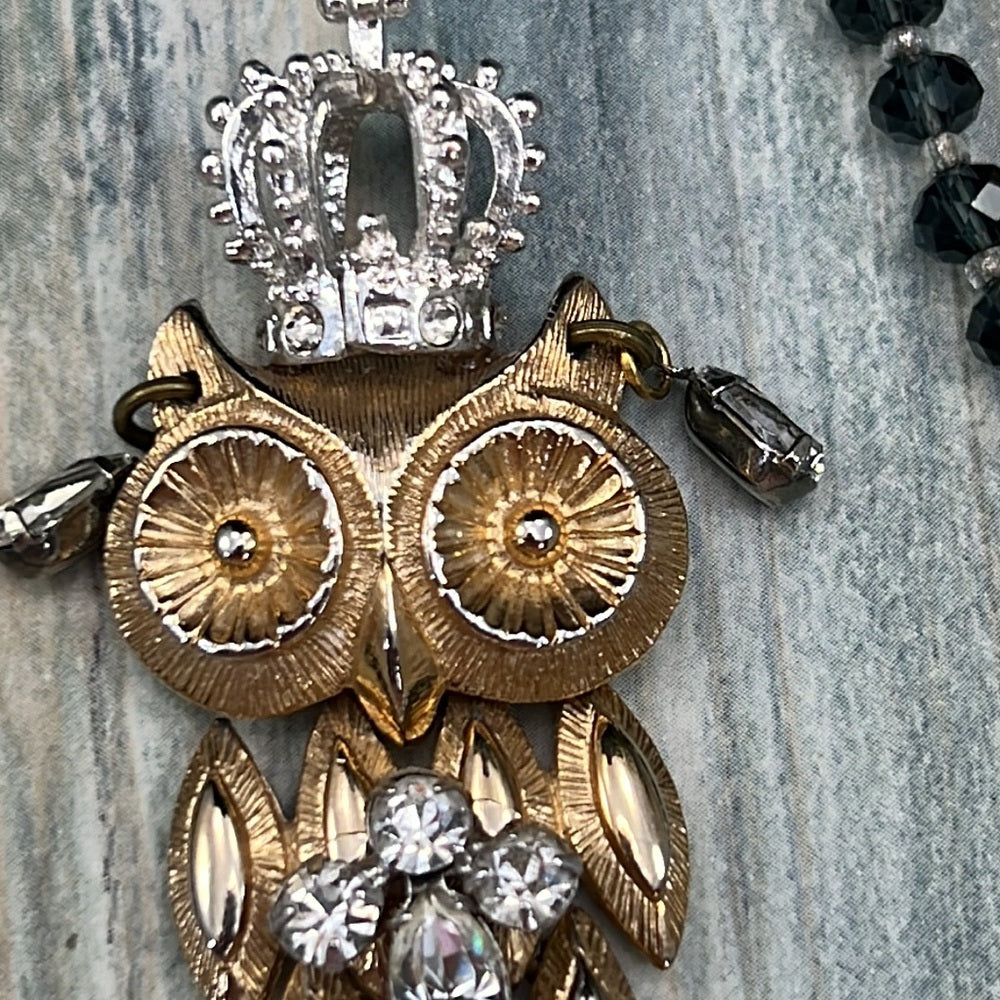 Adorned Crown Artisan Assemblage crowned owl rhinestone beaded long necklace