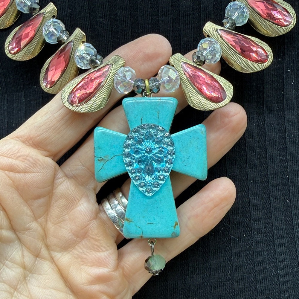 Adorned Crown Jewelry assemblage pink rhinestone teal cross necklace