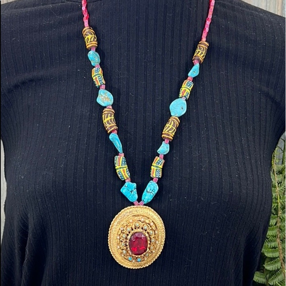 Adorned Crown Artisan Assemblage turquoise & African trade bead necklace