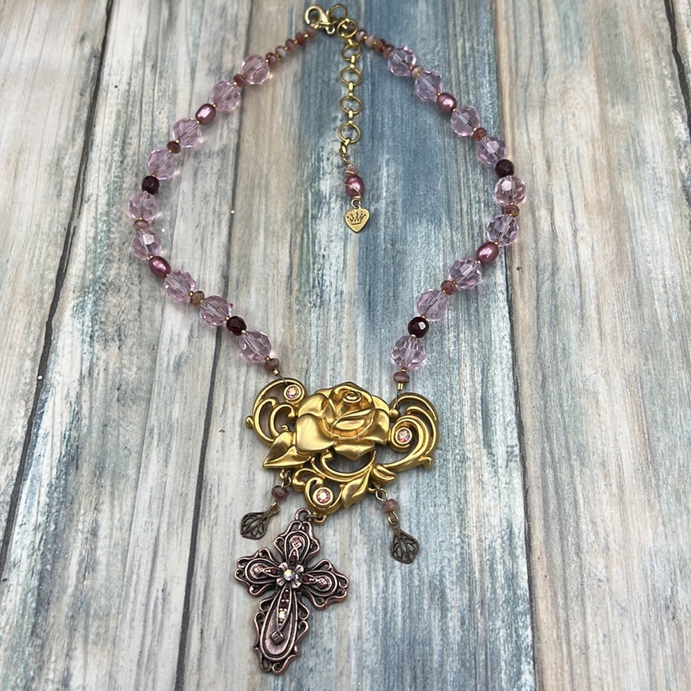 Adorned Crown Artisan Assemblage pink crystal golden rose cross necklace