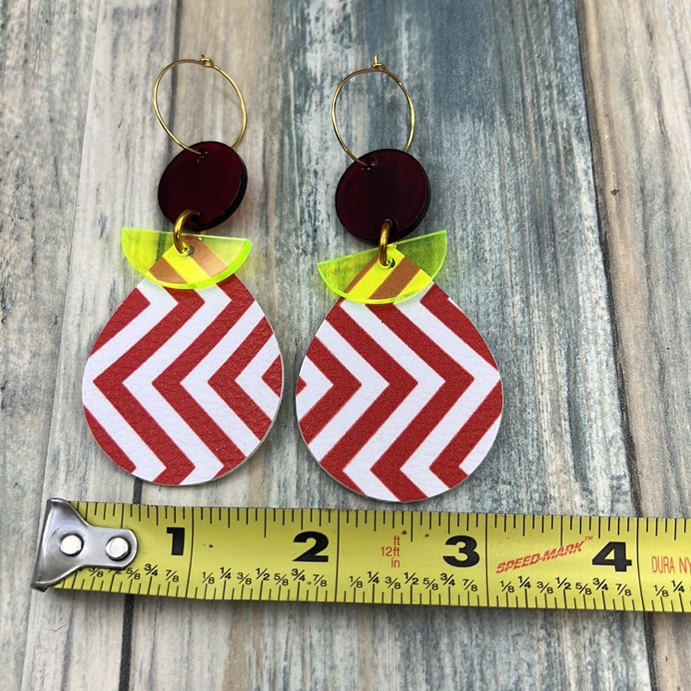 Adorned Crown Artisan Assemblage leather lucite red chevron earrings