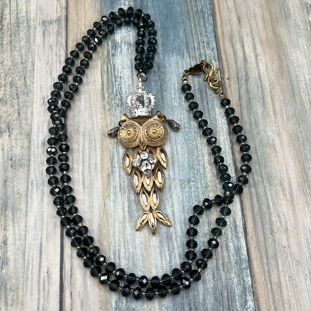 Adorned Crown Artisan Assemblage crowned owl rhinestone beaded long necklace