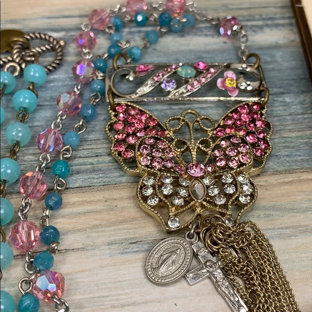 Adorned Crown artisan assemblage pink crystal butterfly necklace