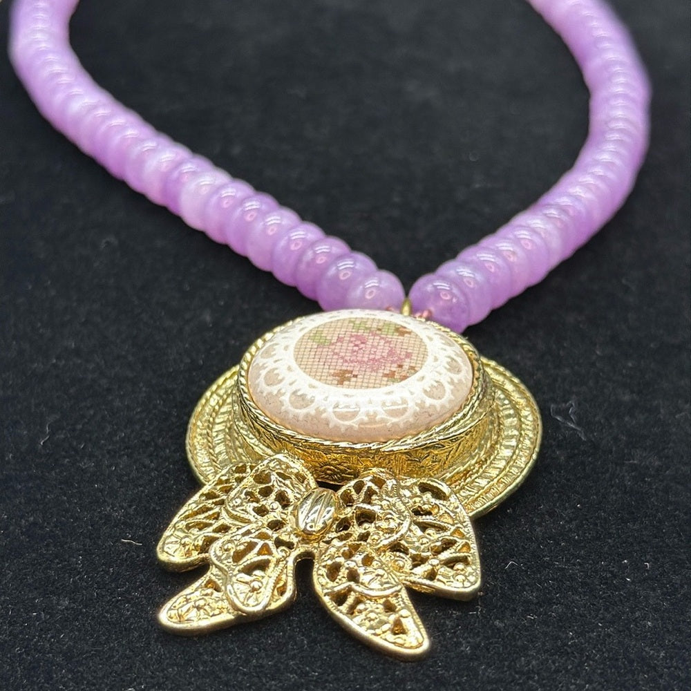 Adorned Crown Jewelry assemblage purple quartz cross stitch bonnet necklace