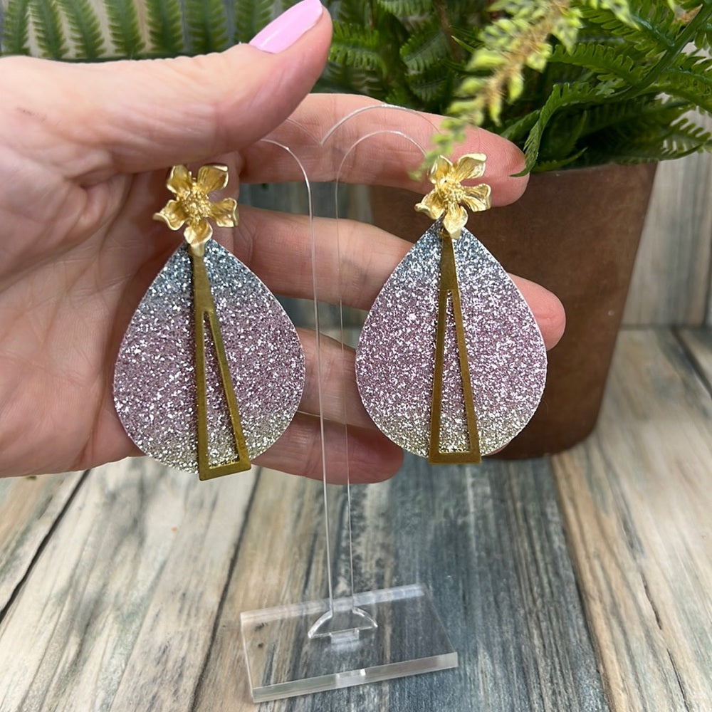 Adorned Crown Artisan Assemblage leather pink glitter gold flower earrings