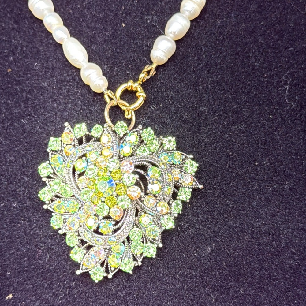 Adorned Crown Jewelry assemblage pearl green rhinestone pendant necklace