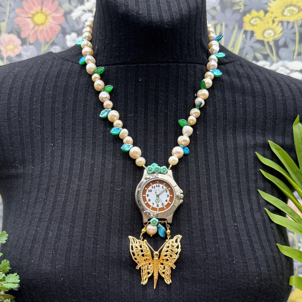 Adorned Crown Jewelry assemblage Pearl Czech glass watch butterfly necklace