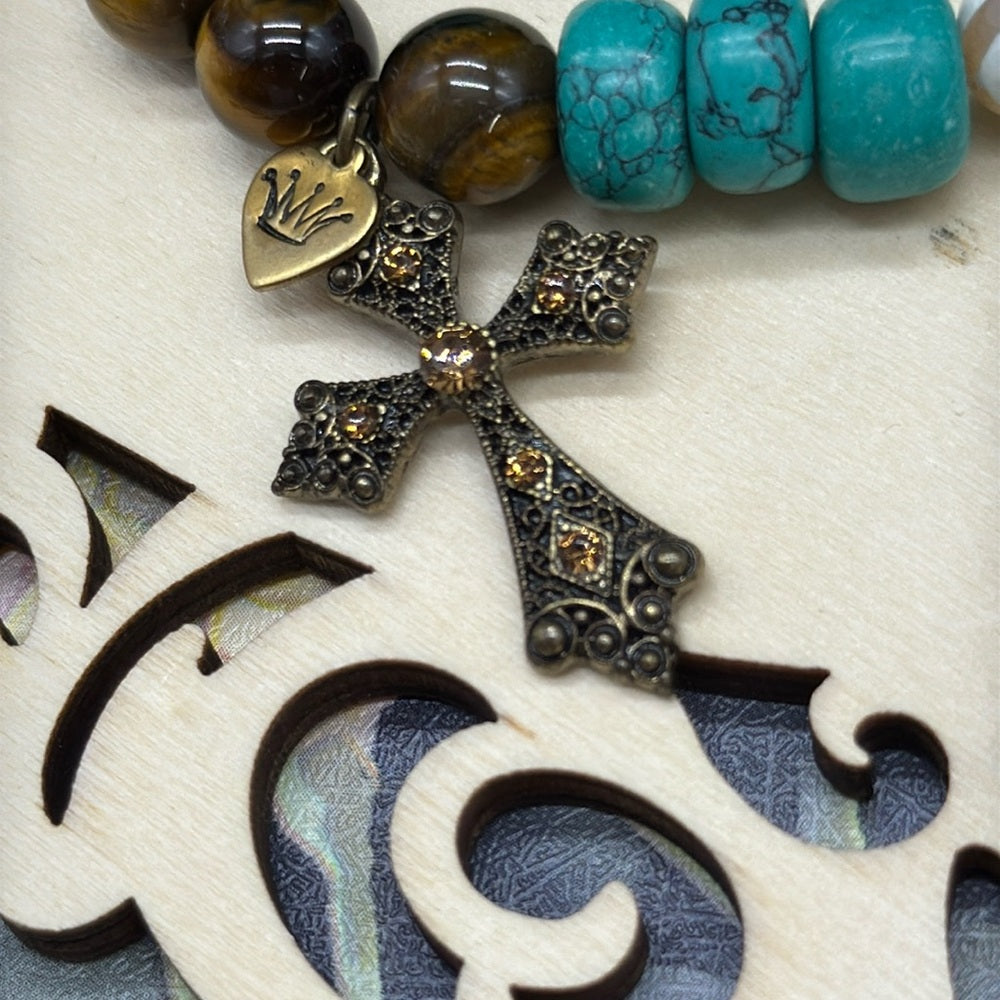 Adorned Crown Jewelry assemblage stretch beaded turquoise cross bracelet