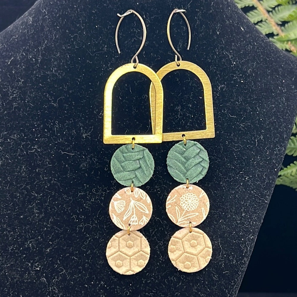 Adorned Crown Artisan Assemblage green leather brushed brass arch earrings