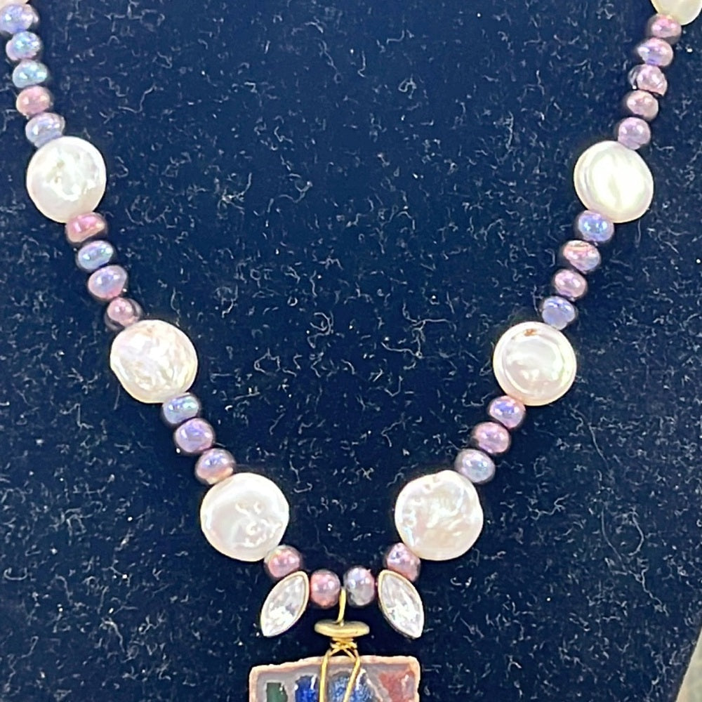 Adorned Crown Artisan Assemblage stone pendant button genuine Pearl necklace