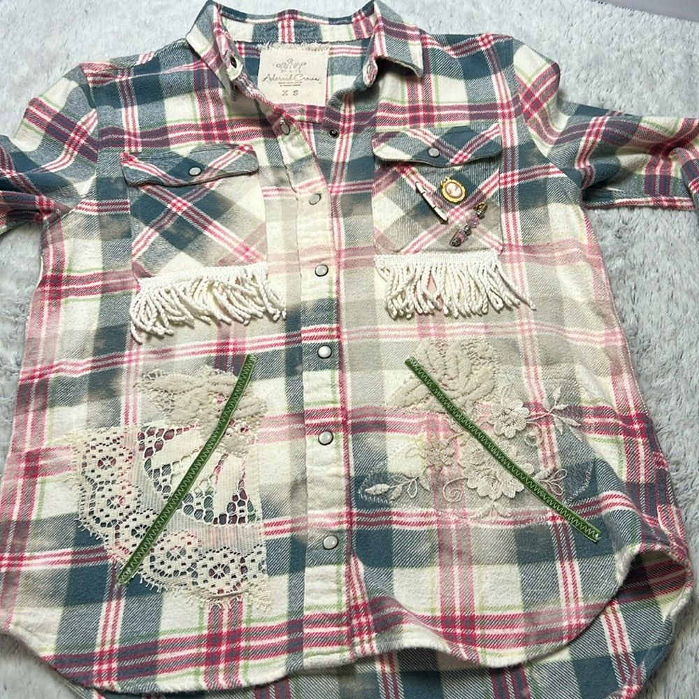 Adorned Crown Textiles altered flannel “Jesus is the reason…Season” size XS