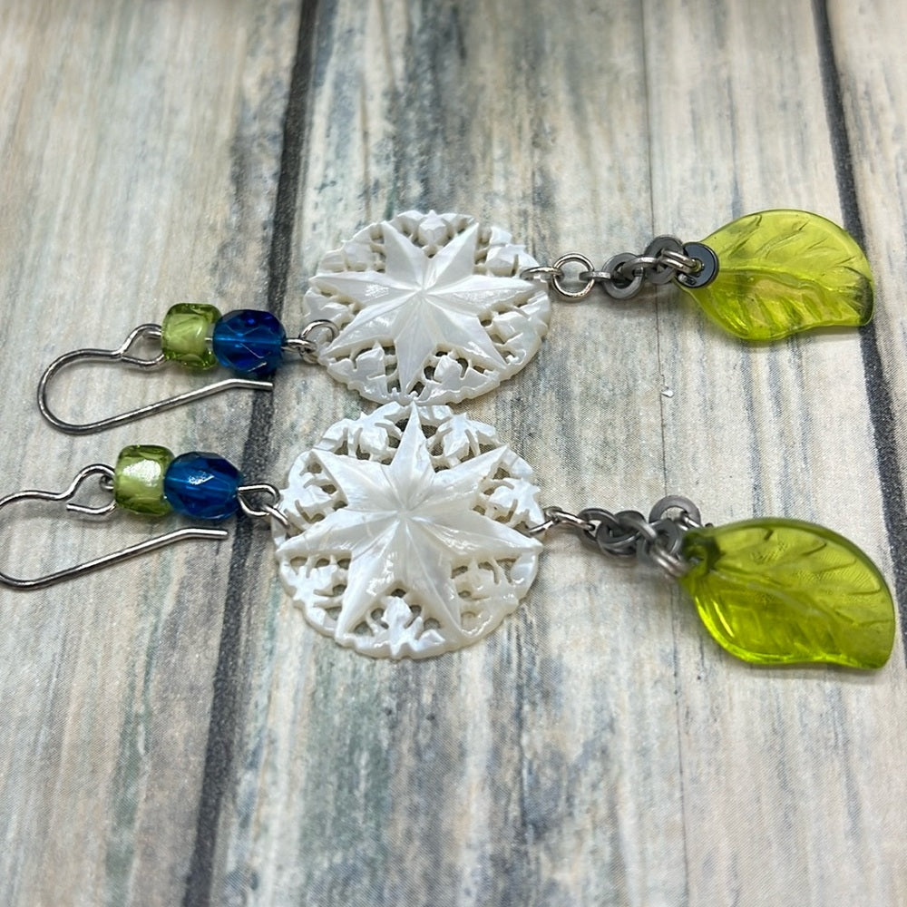 Adorned Crown Jewelry mother of pearl etched Czech glass leaf bead earrings