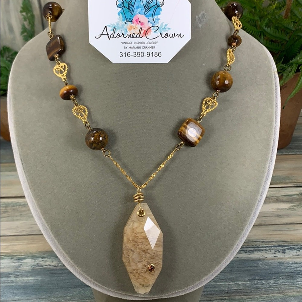 Adorned Crown artisan assemblage quartz agate tigers eye stone bead necklace