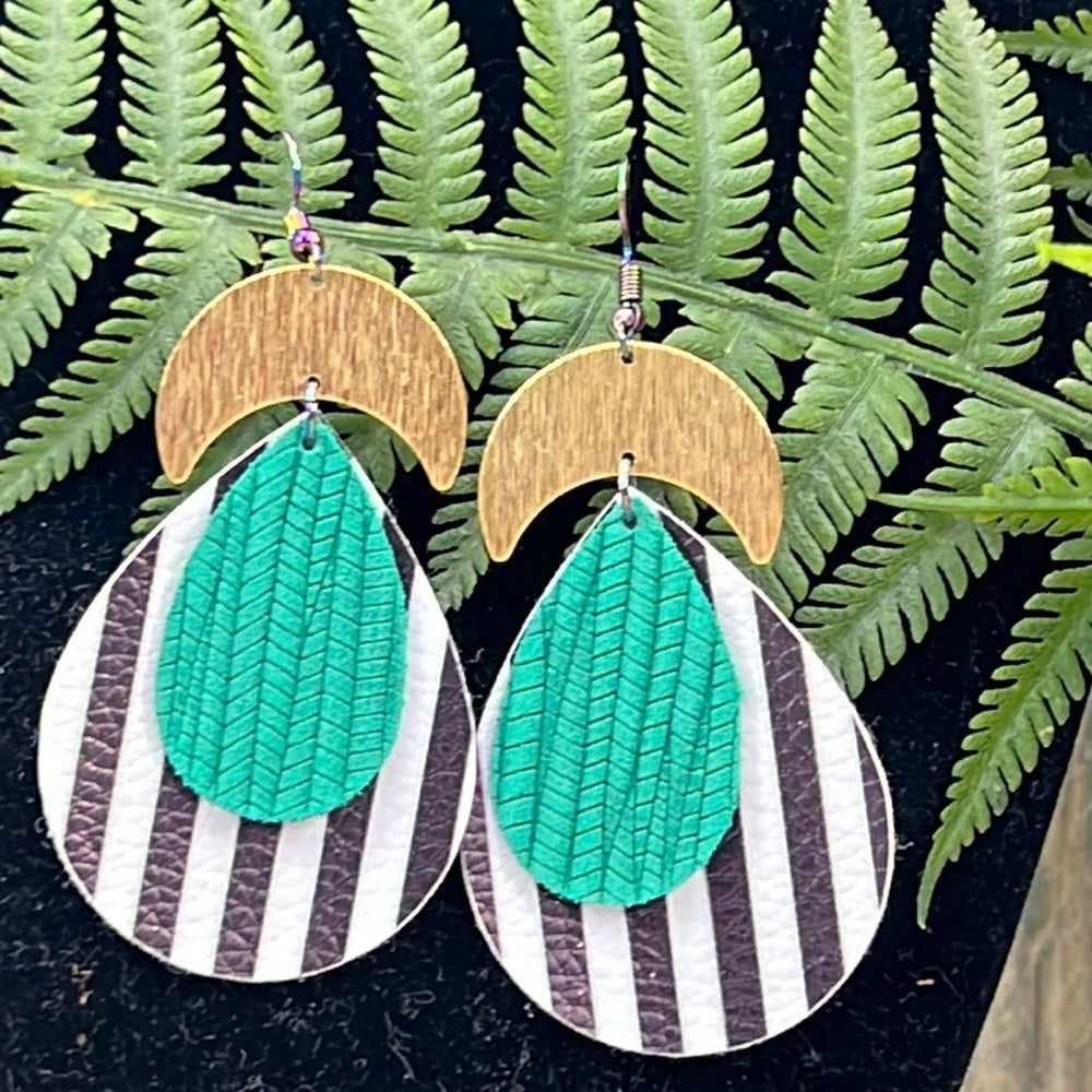 Adorned Crown Artisan Assemblage leather crescent green stripe earrings